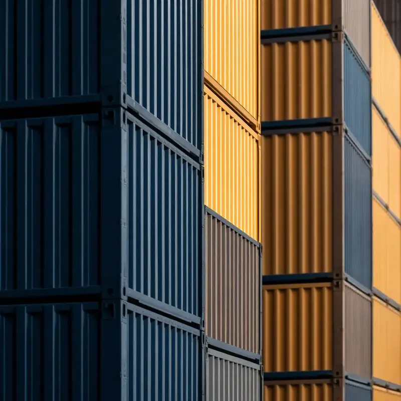 Stacked shipping containers in navy and gold tones