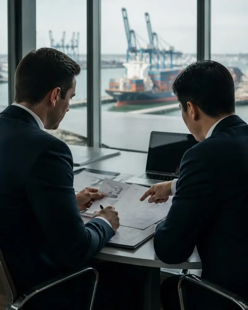 Two trade professionals reviewing shipping documents with a container port beyond the window