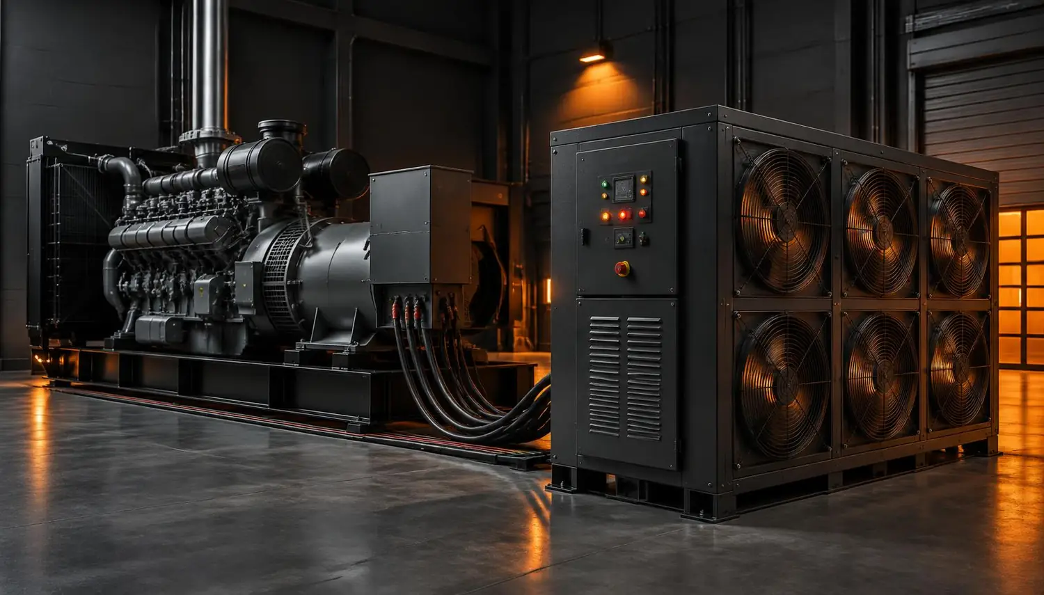 Industrial load bank unit connected to a diesel engine electric generator