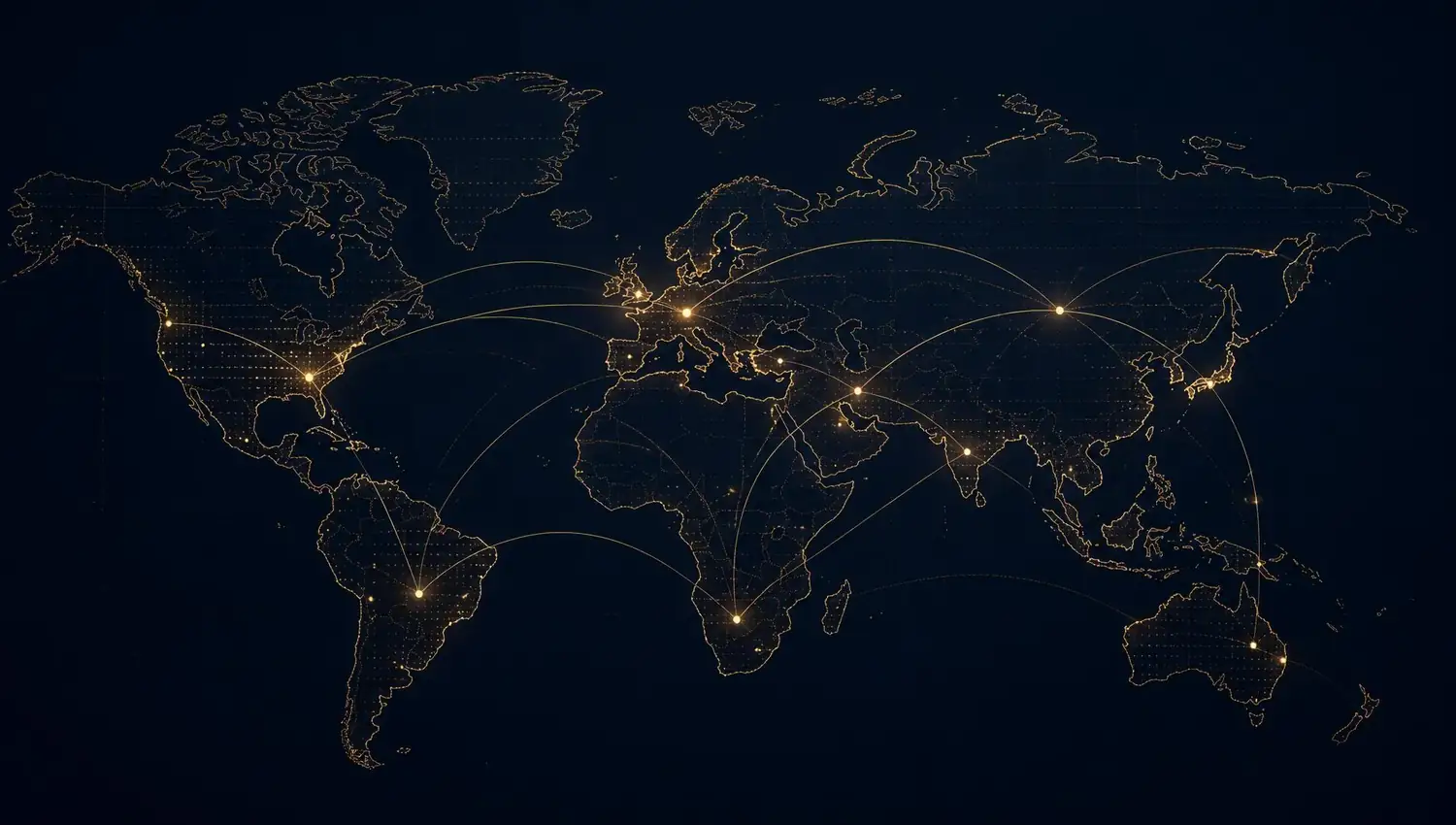 Illustrated world map with gold trade connection routes between continents